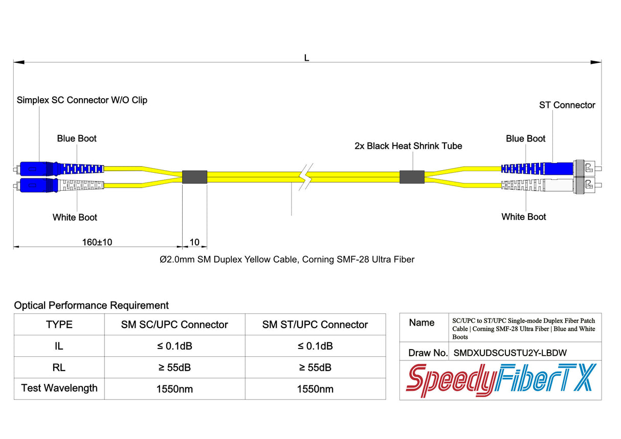 Ultra Low Loss 0.1dB SC/UPC to ST/UPC Single-mode Duplex Fiber Patch Cable | Corning SMF-28 Ultra Fiber | Blue and White Boots | OS1/OS2 Compatible | OFNR Jacket