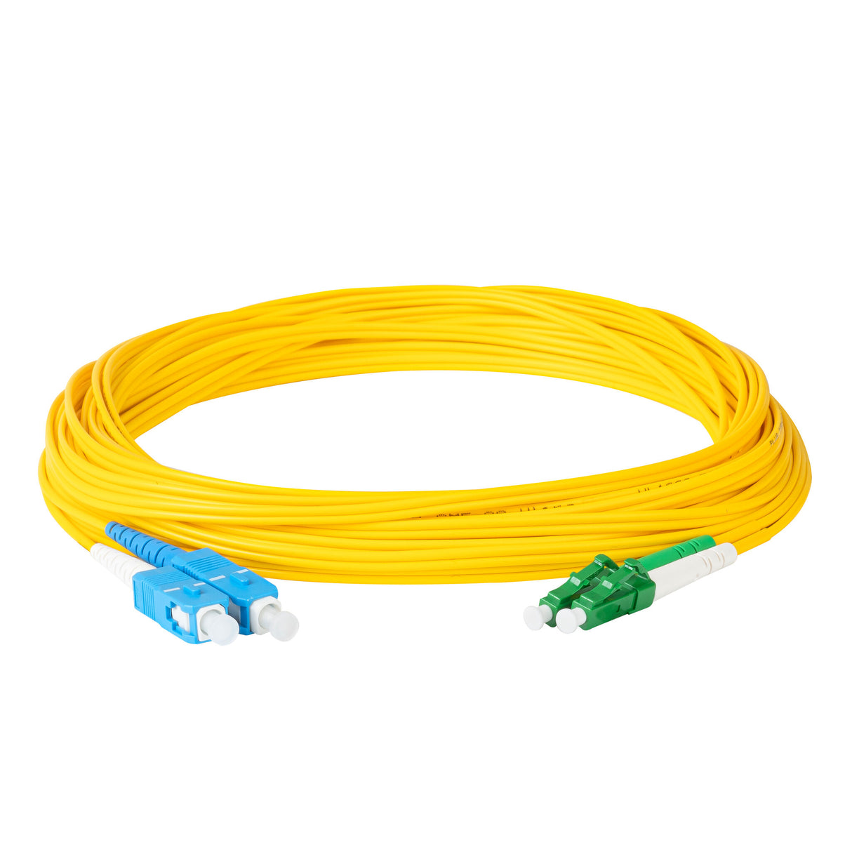 Ultra Low Loss 0.1dB LC/APC to SC/UPC Single-mode Duplex Fiber Patch Cable | Corning SMF-28 Ultra Fiber | Green, Blue and White Boots | OS1/OS2 Compatible | OFNR Jacket