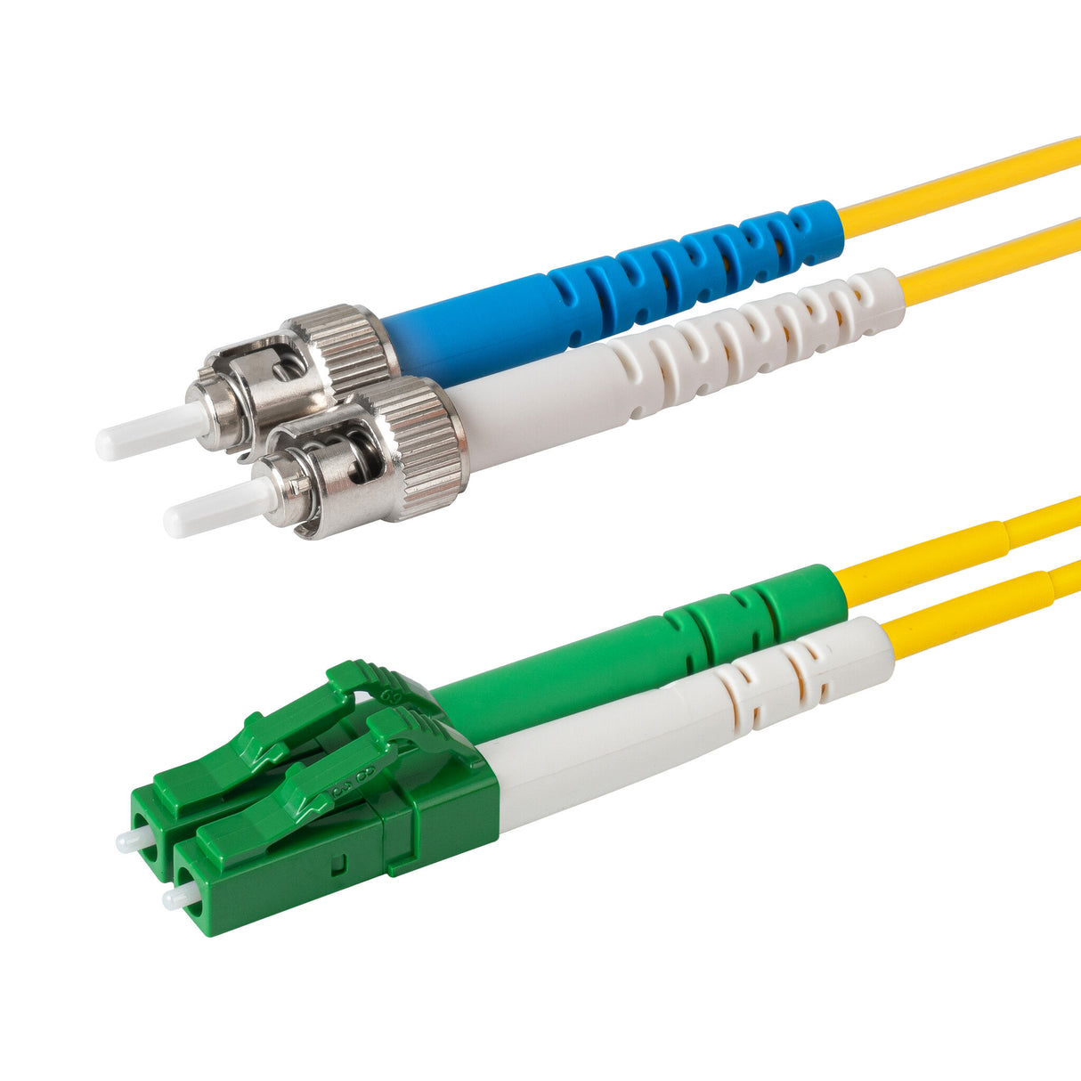 0.2dB LC/APC to ST/UPC Single-mode Duplex Fiber Patch Cable | Corning SMF-28 Ultra Fiber | Green, Blue and White Boots | OS1/OS2 Compatible | OFNR Jacket