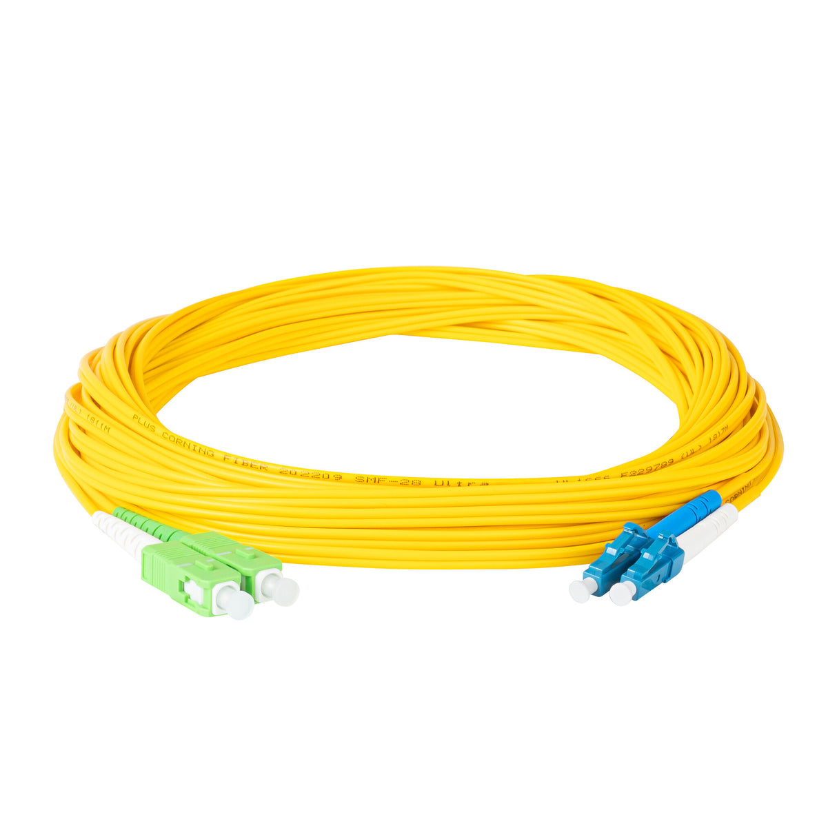 Ultra Low Loss 0.1dB SC/APC to LC/UPC Single-mode Duplex Fiber Patch Cable | Corning SMF-28 Ultra Fiber | Green, Blue and White Boots | OS1/OS2 Compatible | OFNR Jacket