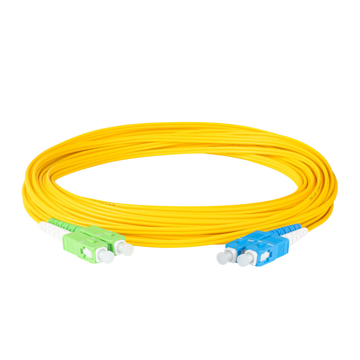 0.2dB SC/APC to SC/UPC Single-mode Duplex Fiber Patch Cable | Corning SMF-28 Ultra Fiber | Green, Blue and White Boots | OS1/OS2 Compatible | OFNR Jacket