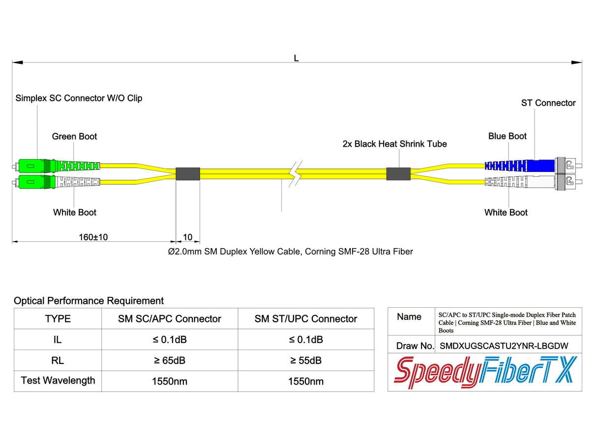 Ultra Low Loss 0.1dB SC/APC to ST/UPC Single-mode Duplex Fiber Patch Cable | Corning SMF-28 Ultra Fiber | Green, Blue and White Boots | OS1/OS2 Compatible | OFNR Jacket