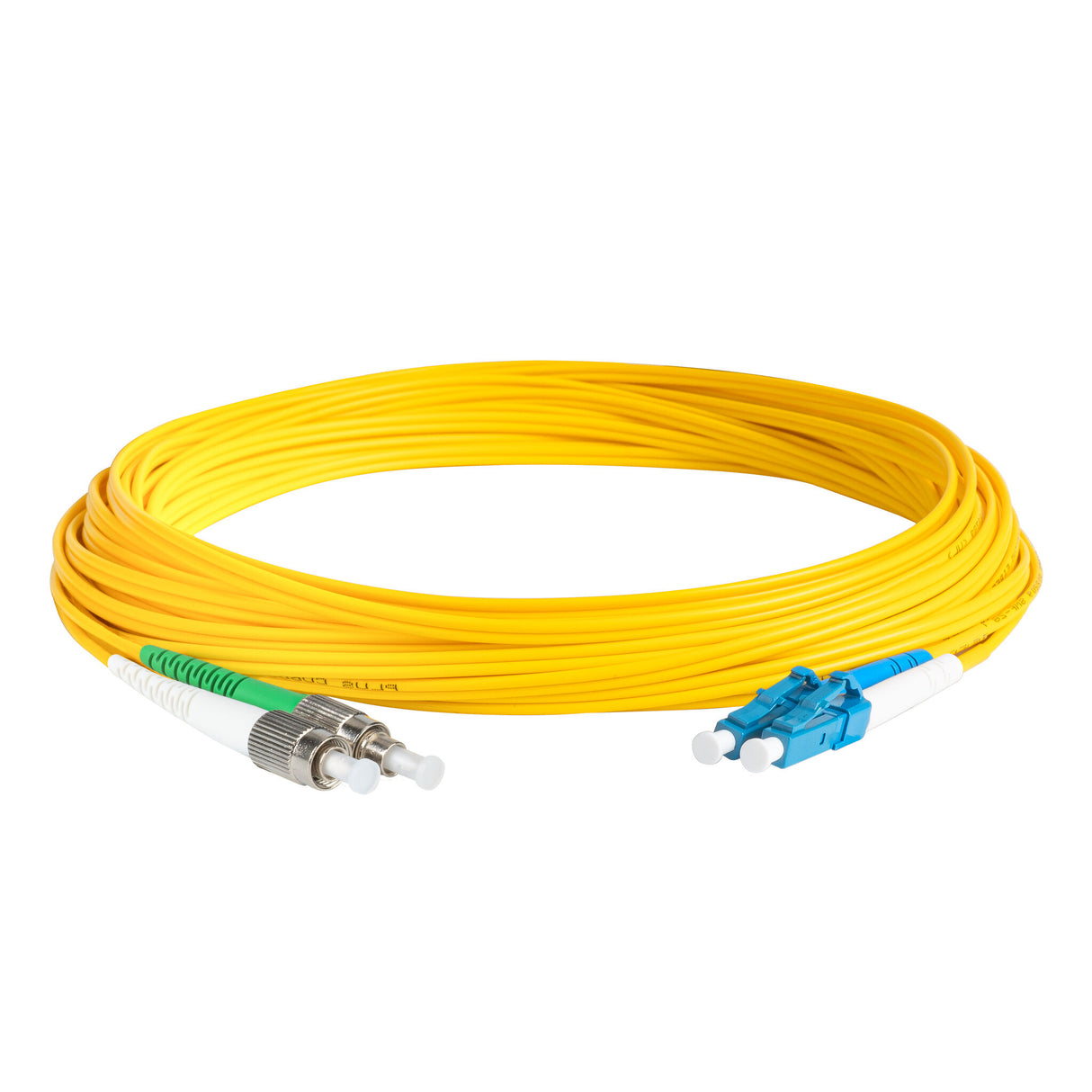 0.2dB FC/APC to LC/UPC Single-mode Duplex Fiber Patch Cable | Corning SMF-28 Ultra Fiber | Green, Blue and White Boots | OS1/OS2 Compatible | OFNR Jacket