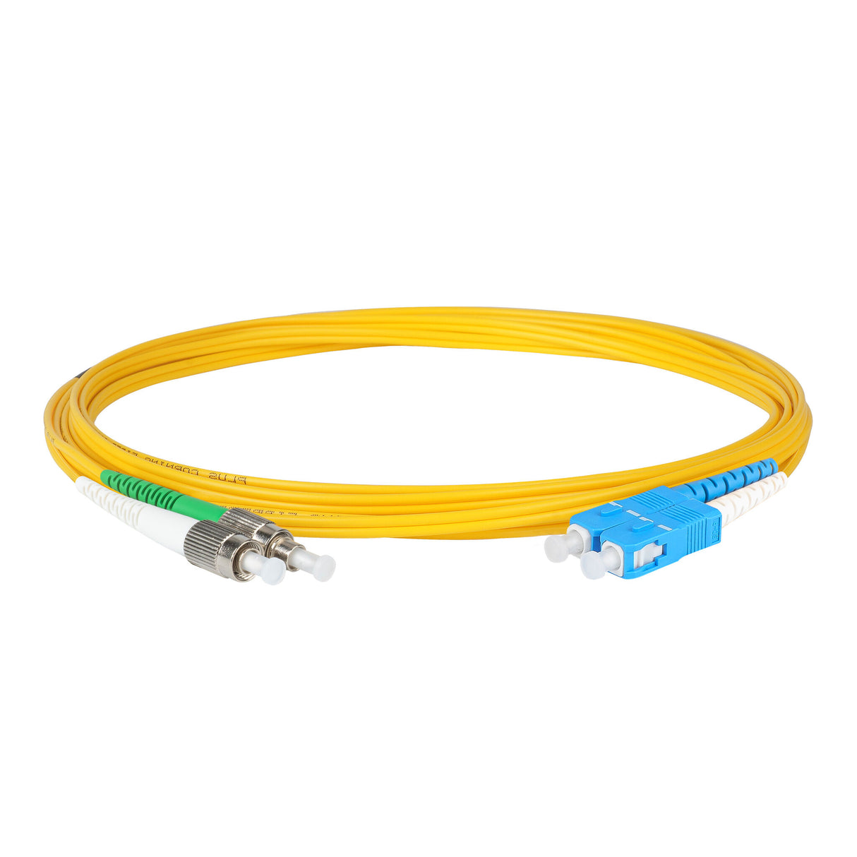 Ultra Low Loss 0.1dB FC/APC to SC/UPC Single-mode Duplex Fiber Patch Cable | Corning SMF-28 Ultra Fiber | Green, Blue and White Boots | OS1/OS2 Compatible | OFNR Jacket