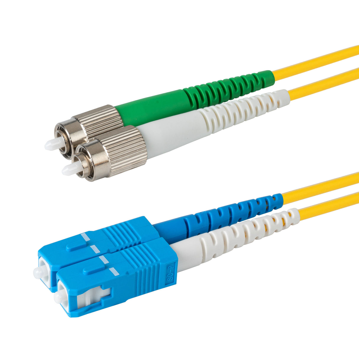 Ultra Low Loss 0.1dB FC/APC to SC/UPC Single-mode Duplex Fiber Patch Cable | Corning SMF-28 Ultra Fiber | Green, Blue and White Boots | OS1/OS2 Compatible | OFNR Jacket