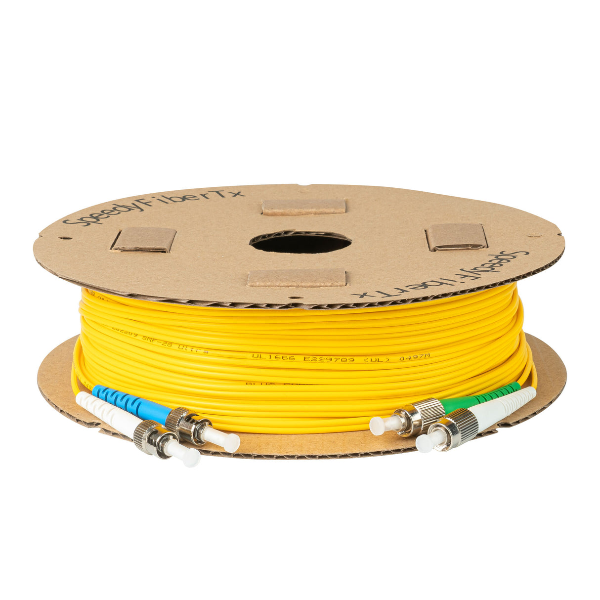 Ultra Low Loss 0.1dB FC/APC to ST/UPC Single-mode Duplex Fiber Patch Cable | Corning SMF-28 Ultra Fiber | Green, Blue and White Boots | OS1/OS2 Compatible | OFNR Jacket