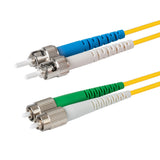 Ultra Low Loss 0.1dB FC/APC to ST/UPC Single-mode Duplex Fiber Patch Cable | Corning SMF-28 Ultra Fiber | Green, Blue and White Boots | OS1/OS2 Compatible | OFNR Jacket