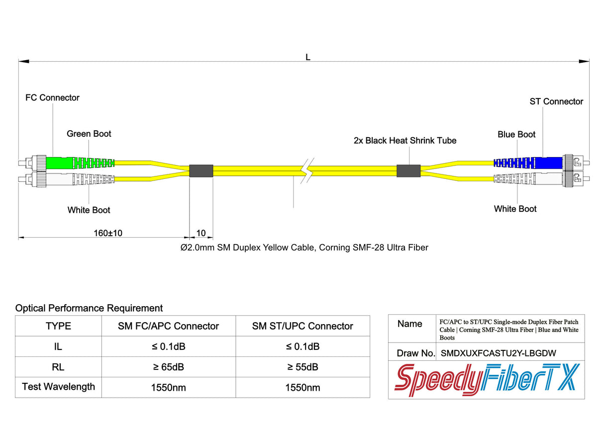 Ultra Low Loss 0.1dB FC/APC to ST/UPC Single-mode Duplex Fiber Patch Cable | Corning SMF-28 Ultra Fiber | Green, Blue and White Boots | OS1/OS2 Compatible | OFNR Jacket