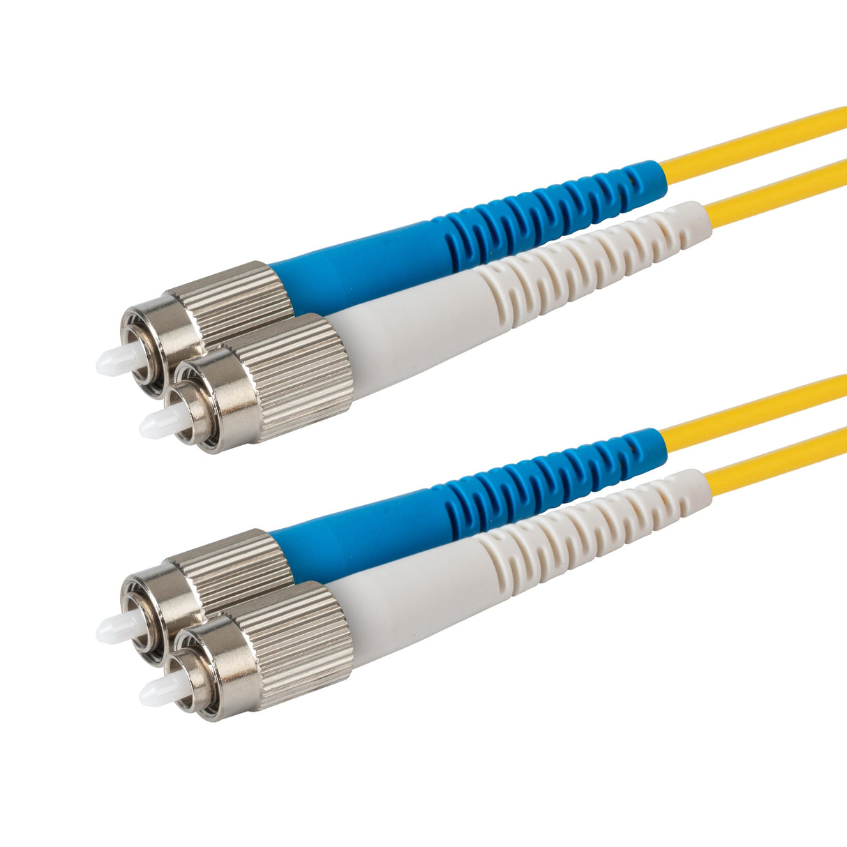 Ultra Low Loss 0.1dB FC/UPC to FC/UPC Single-mode Duplex Fiber Patch Cable | Corning SMF-28 Ultra Fiber | Blue and White Boots | OS1/OS2 Compatible | OFNR Jacket