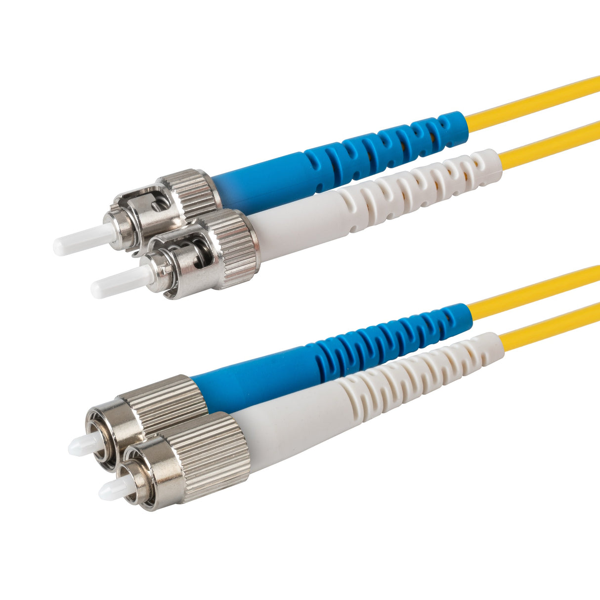 Ultra Low Loss 0.1dB ST/UPC to FC/UPC Single-mode Duplex Fiber Patch Cable | Corning SMF-28 Ultra Fiber | Blue and White Boots | OS1/OS2 Compatible | OFNR Jacket