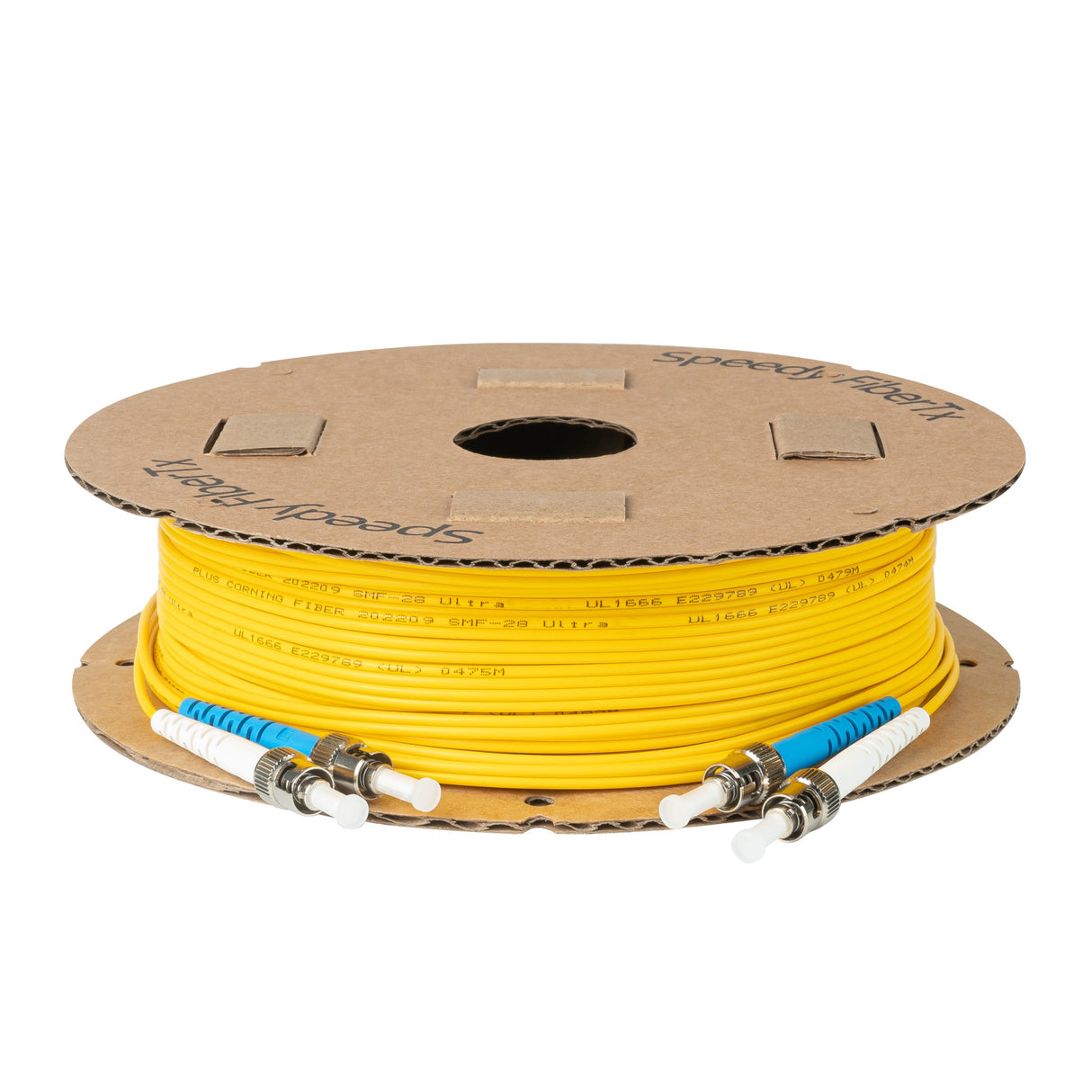 Ultra Low Loss 0.1dB ST/UPC to ST/UPC Single-mode Duplex Fiber Patch Cable | Corning SMF-28 Ultra Fiber | Blue and White Boots | OS1/OS2 Compatible | OFNR Jacket