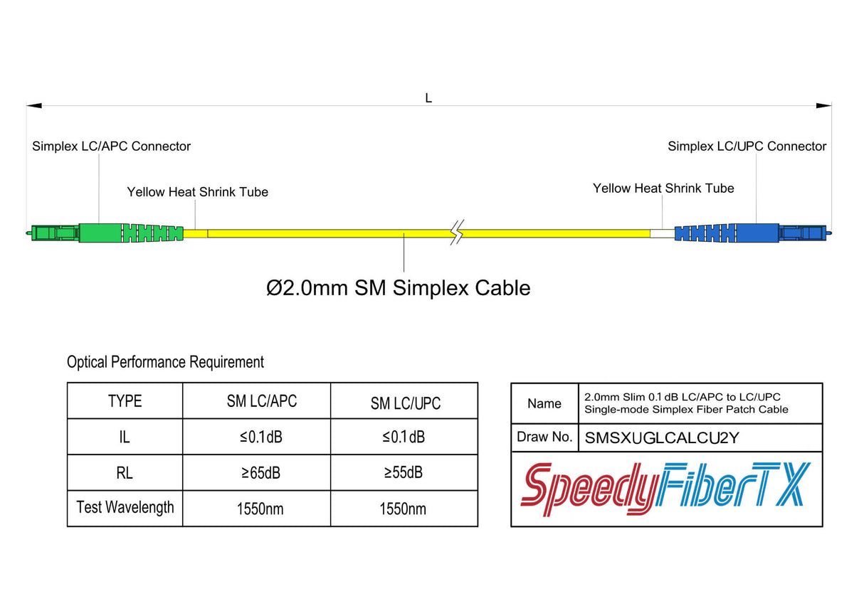 Ultra Low Loss 0.1dB Slim LC/APC to LC/UPC Single-mode Simplex Fiber Patch Cable | Corning SMF-28 Ultra Fiber | OS1/OS2 Compatible | OFNR Jacket