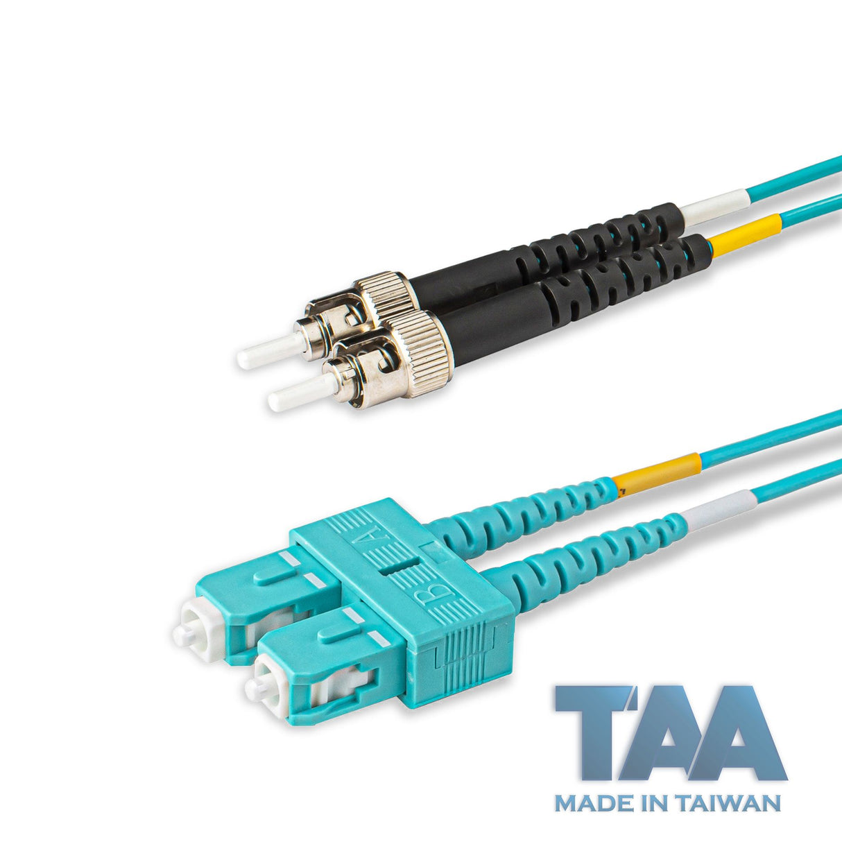 TAA合規 | 電信級 0.2dB  SC/UPC to ST/UPC 多模 OM3 雙工光纖跳線 | 康寧纖芯 |  水綠色 OFNR 外被, 水綠色接頭