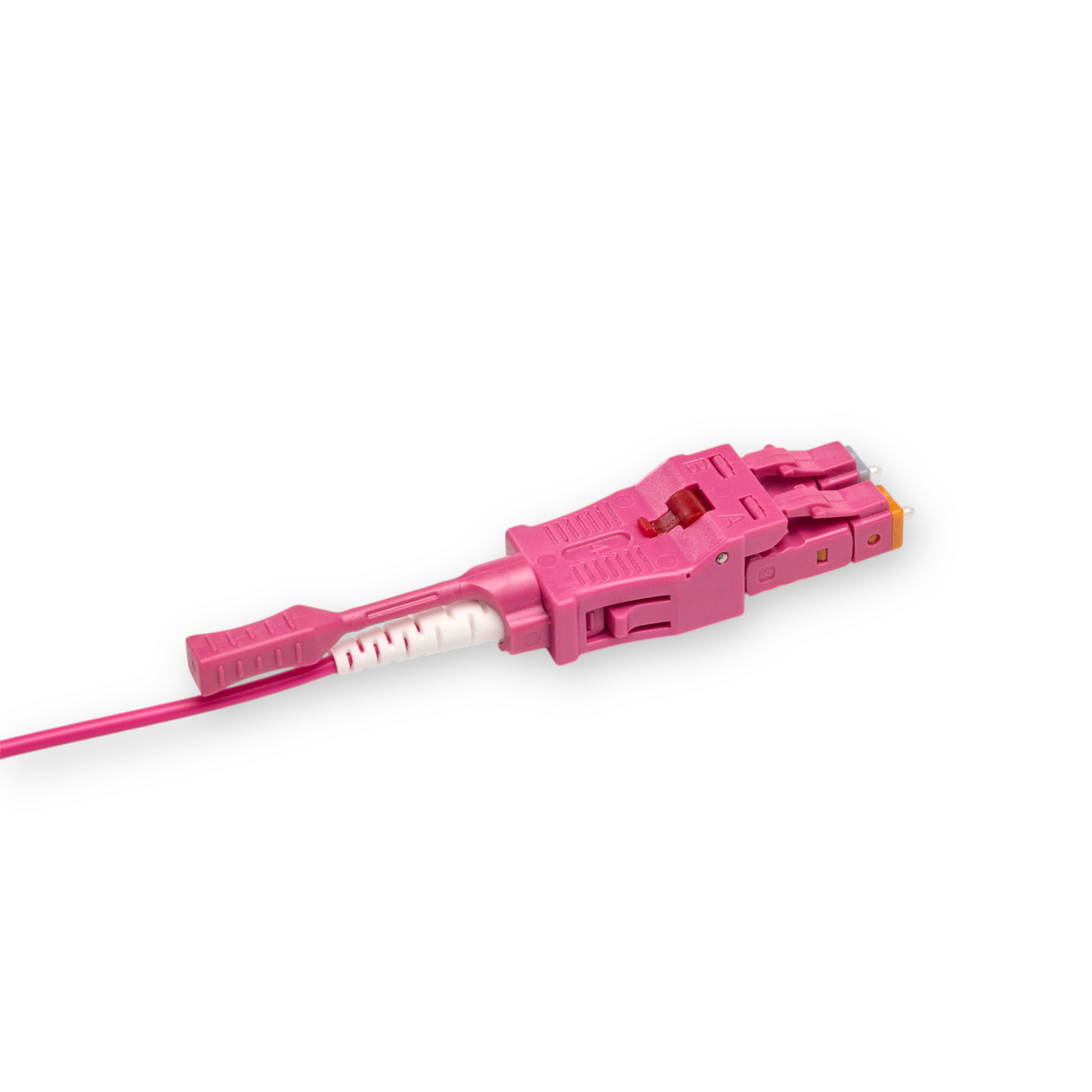 Push-Pull Tab Uniboot 0.2dB OM4 LC/UPC to LC/UPC Fiber Patch Cable | Polarity Switchable | Corning OM4 Fiber | Magenta Connector | OFNR Jacket | Speedy Model O Push-Pull Tab Uniboot