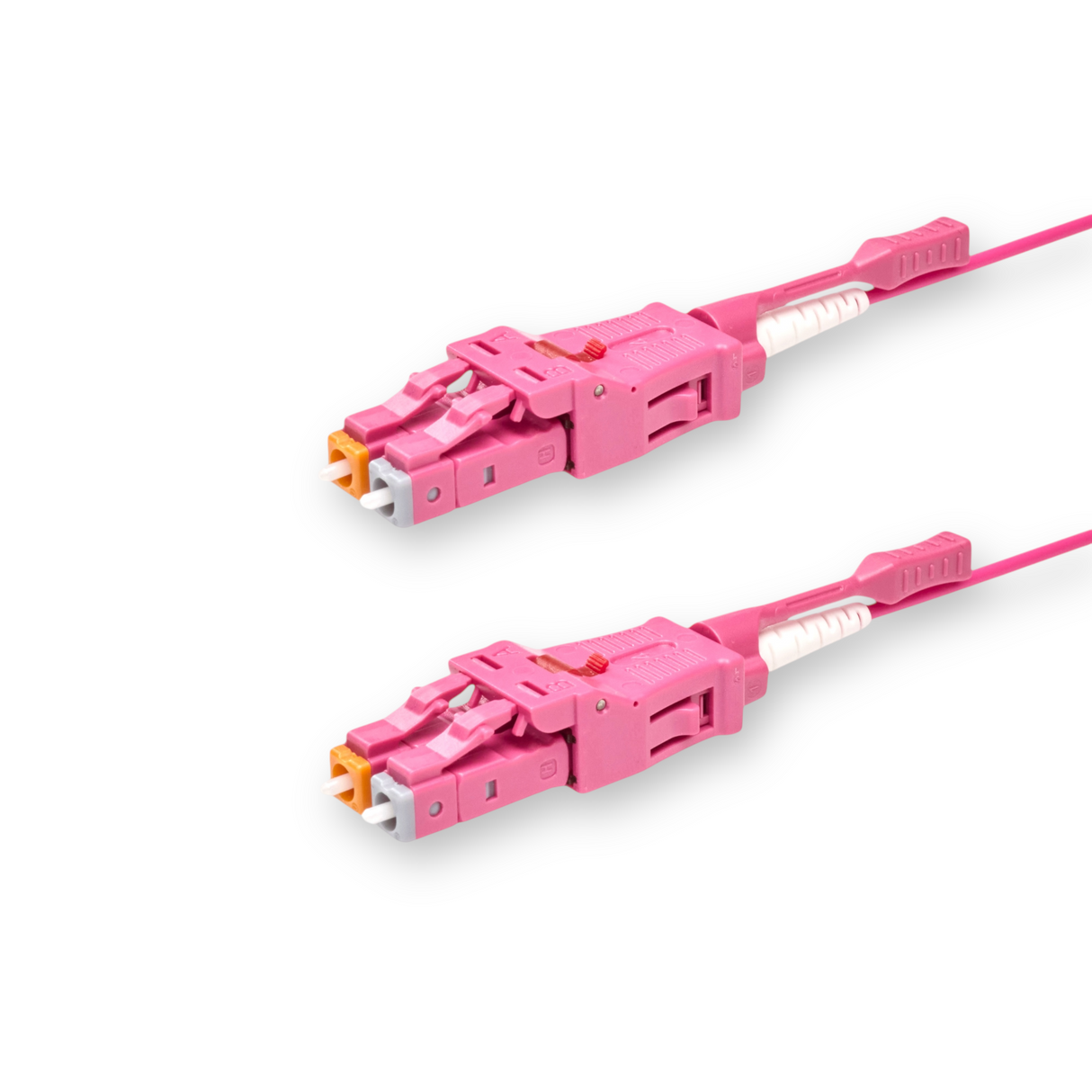 Push-Pull Tab Uniboot 0.2dB OM4 LC/UPC to LC/UPC Fiber Patch Cable | Polarity Switchable | Corning OM4 Fiber | Magenta Connector | OFNR Jacket | Speedy Model O Push-Pull Tab Uniboot