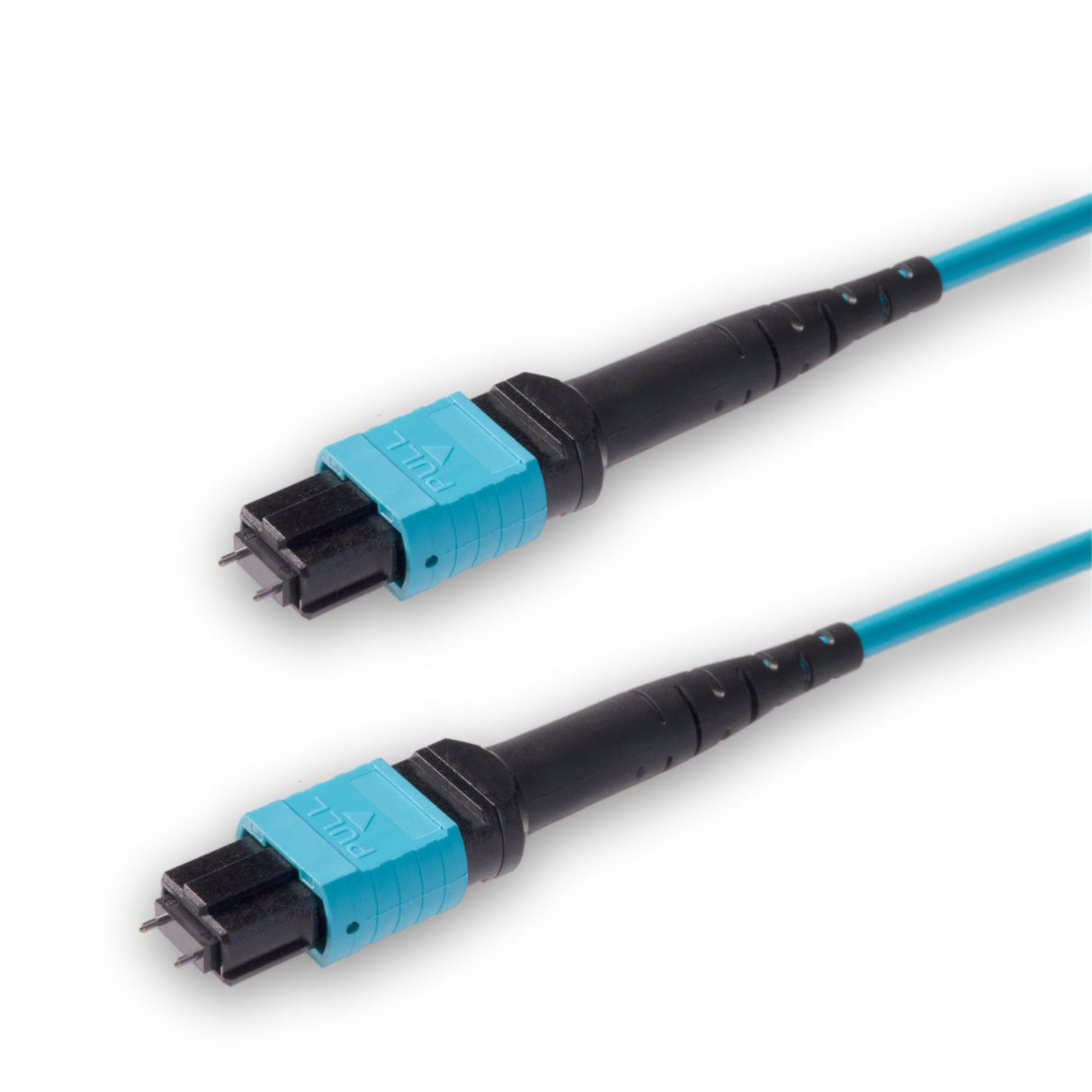 12-Fiber Low Loss Pinned MPO/UPC to Pinned MPO/UPC Jumper Cable | Corning ClearCurve OM3 Multimode Optical Fiber | Type B, Aqua MPO Connector, Aqua OFNP Cable Jacket