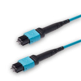 12-Fiber Low Loss Pinned MPO/UPC to Pinned MPO/UPC Jumper Cable | Corning ClearCurve OM3 Multimode Optical Fiber | Type B, Aqua MPO Connector, Aqua OFNP Cable Jacket