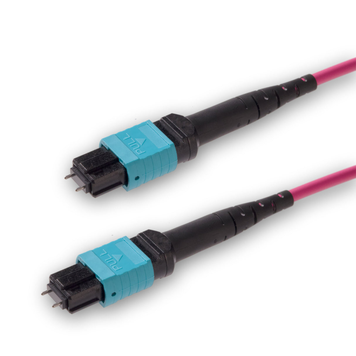 12-Fiber Low Loss Pinned MPO/UPC to Pinned MPO/UPC Jumper Cable | Corning ClearCurve OM4 Multimode Optical Fiber | Type A, Aqua MPO Connector, Magenta OFNP Cable Jacket