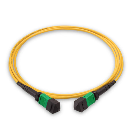 12-Fiber Elite Non-Pinned MPO to MPO Jumper with Corning® SMF-28® Ultra Optical Fiber, Type B polarity, Green MPO connectors, and Yellow jacket, optimized for 40GBASE-SR4 and 100GBASE-SR4 multimode parallel optics in high-density data centers.