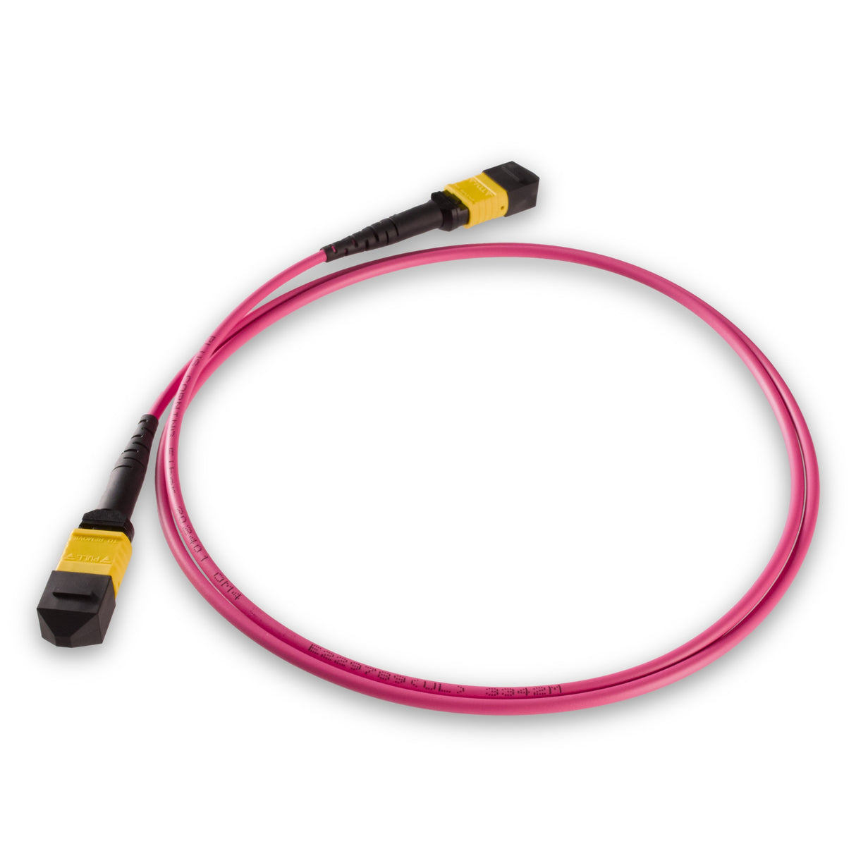 TAA Compliant | 8-Fiber Low Loss Non-Pinned MPO/APC to Non-Pinned MPO/APC Jumper Cable | Corning ClearCurve OM4 Multimode Optical Fiber | Type B, Yellow MPO Connector, Magenta OFNP Cable Jacket