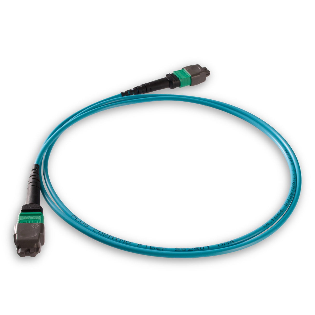 TAA Compliant | 8-Fiber Elite Non-Pinned MTP/APC to Non-Pinned MTP/APC Jumper Cable | Corning ClearCurve OM4 Multimode Optical Fiber | Type B, Green MTP Connector, Aqua OFNP Cable Jacket