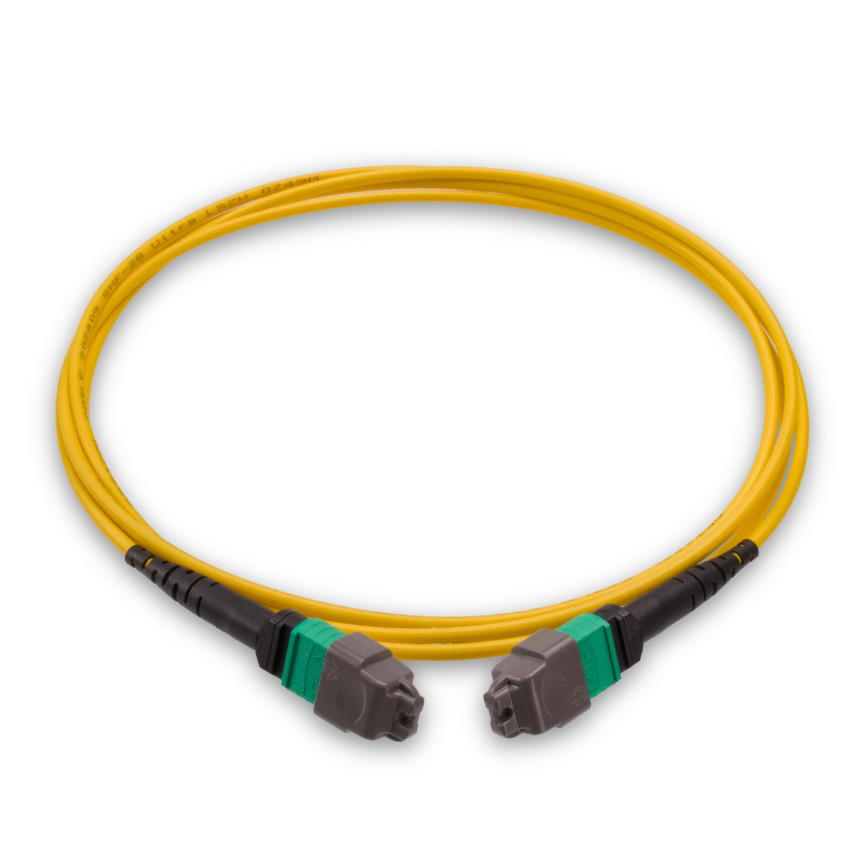 12-Fiber Elite Non-Pinned MTP® to MTP® Jumper with Corning® SMF-28® Ultra Optical Fiber, OS1/OS2 Compatible, Type B polarity, Green MTP® connectors, and Yellow jacket, optimized for 40GBASE-SR4 and 100GBASE-SR4 multimode parallel optics in high-density data centers.